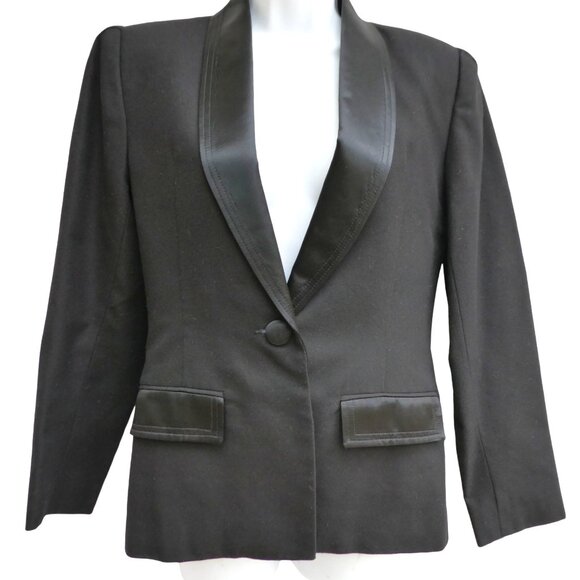 Vintage Tuxedo Blazer Black Suitsme Liquid Satin Lapel Flaps Buttons USA 6 Small - Picture 2 of 7